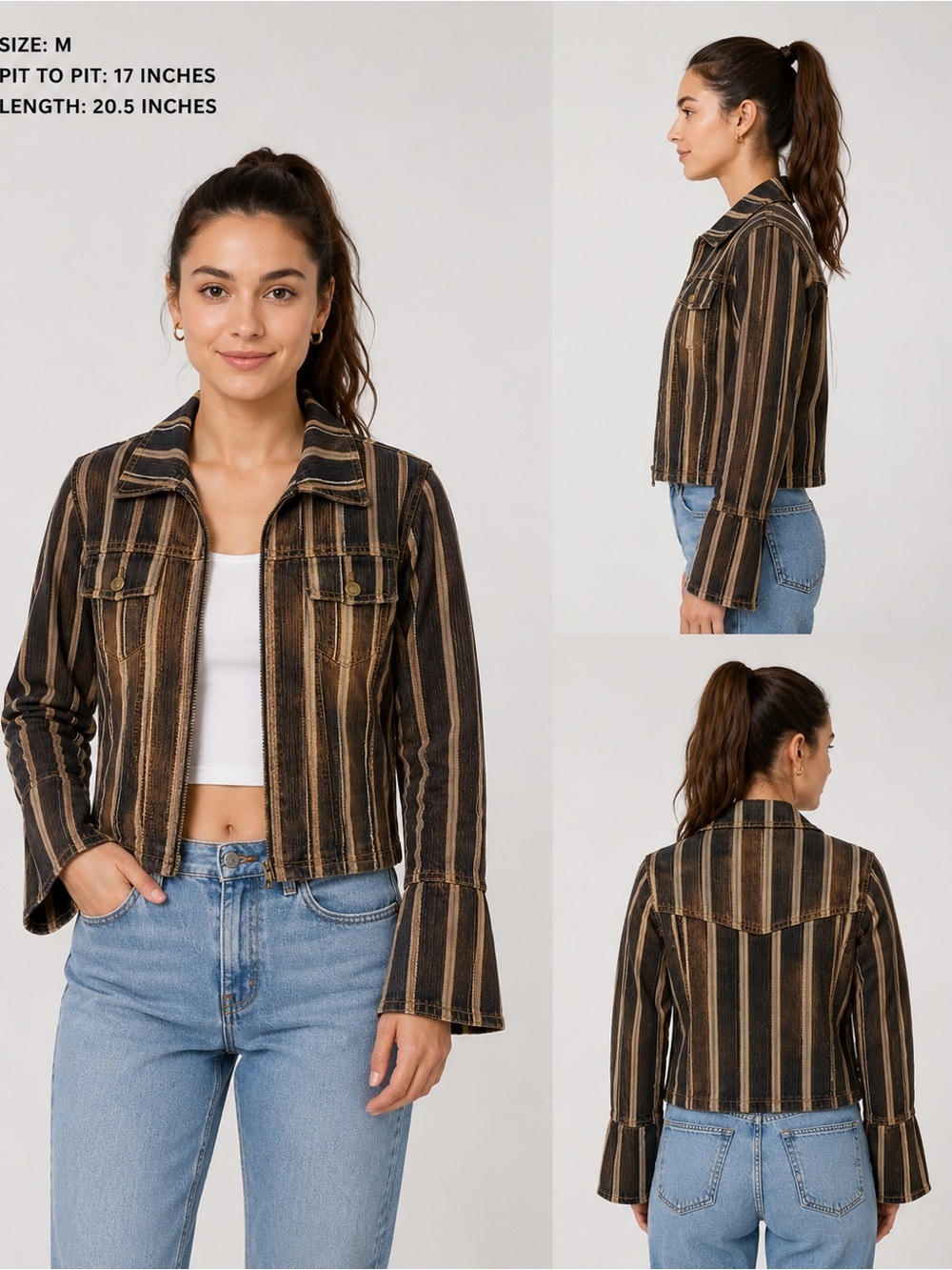 Y2K inspired Striped Cropped Denim Jacket - Black & Brown